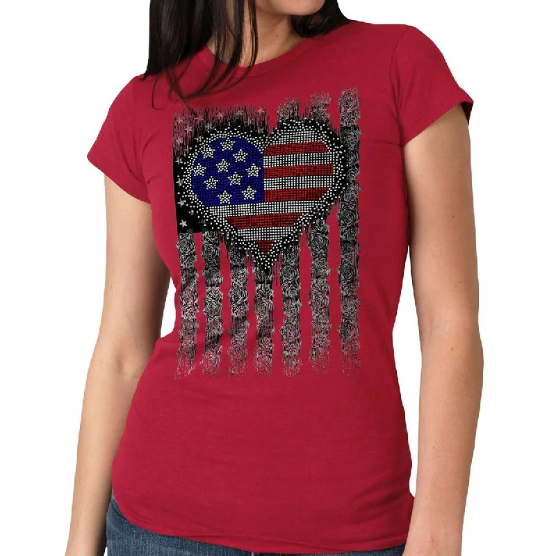 Hot Leathers GLC1558 Ladies Antique Cherry Heart Bling Flag T-Shirt