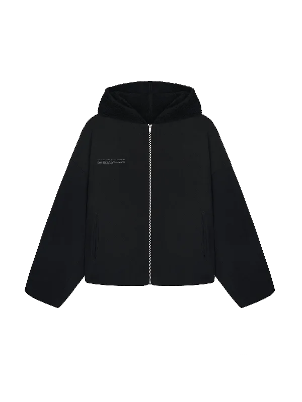 Womens Recycled Wool Fleece Reversible Bomber Jacket—black