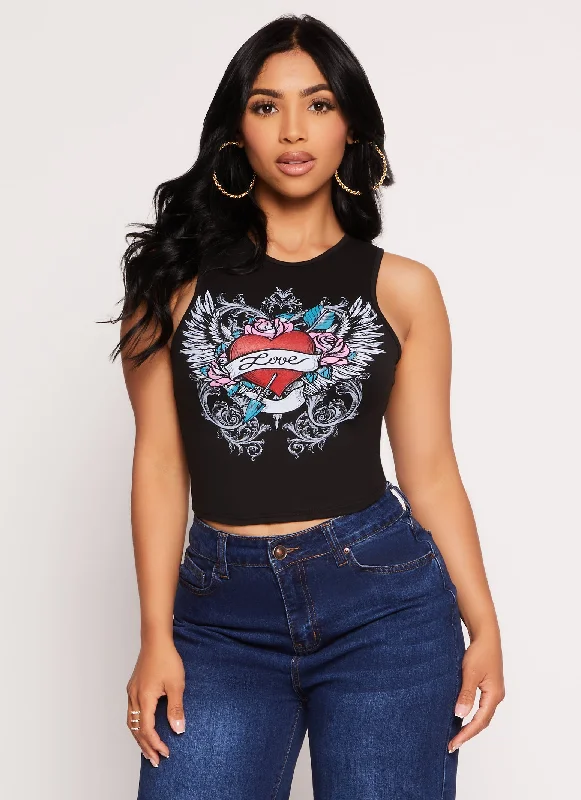 Love Graphic Print Cropped Tank Top