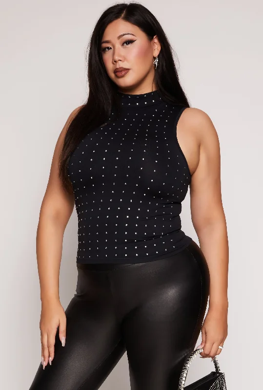 Plus Size Rhinestone Studded Mock Neck Top