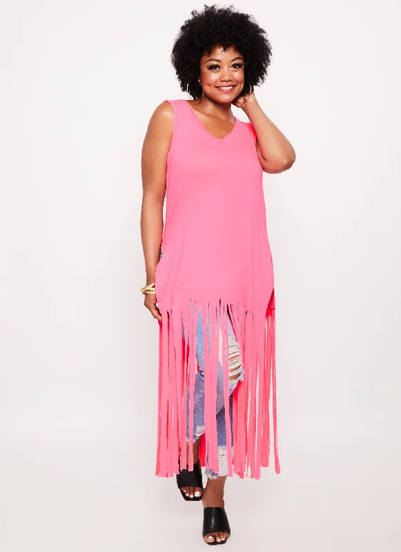 Plus Size Side Slit Fringe Maxi Tank Top