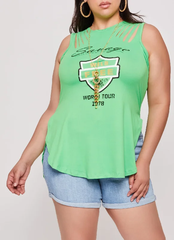 Plus Size Savage Wild Free Laser Cut Graphic Tank Top with Necklace