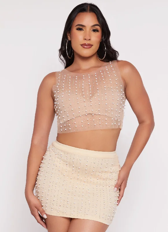 Mesh Faux Pearl Cropped Tank Top