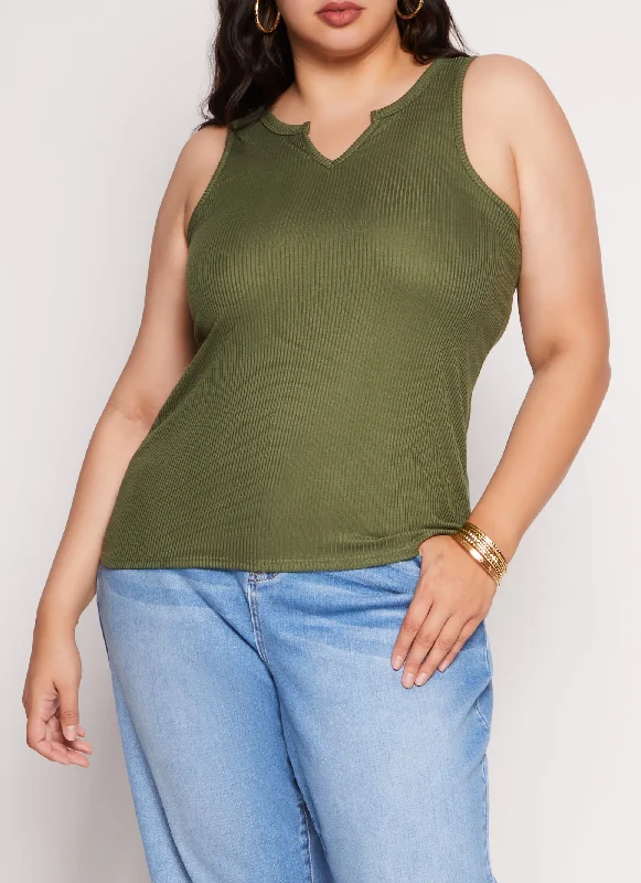 Plus Size Rib Knit Notch Neck Tank Top