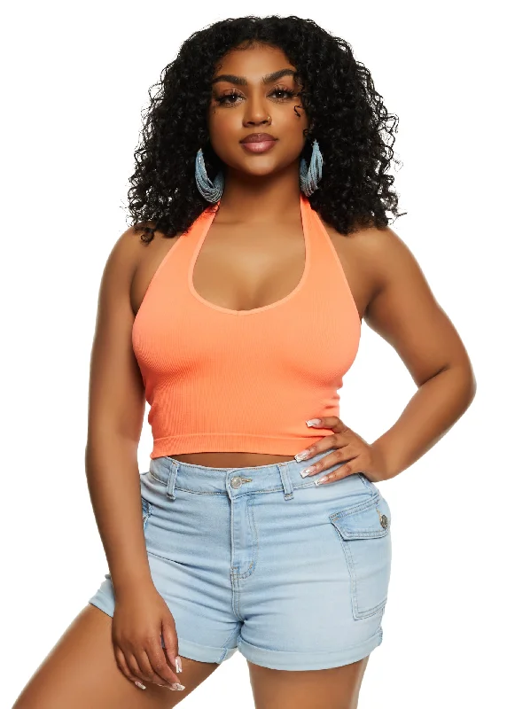 Seamless Ribbed Knit Halter Top