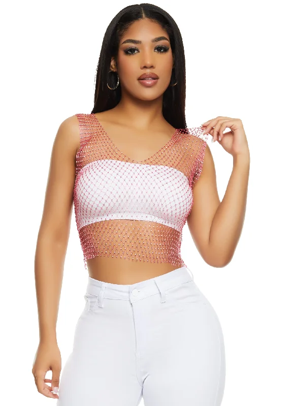 Rhinestone Fishnet Cropped Tank Top