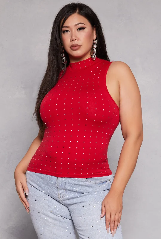 Plus Size Rhinestone Studded Mock Neck Top