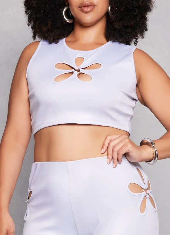 Plus Size O Ring Flower Cut Out Crop Top