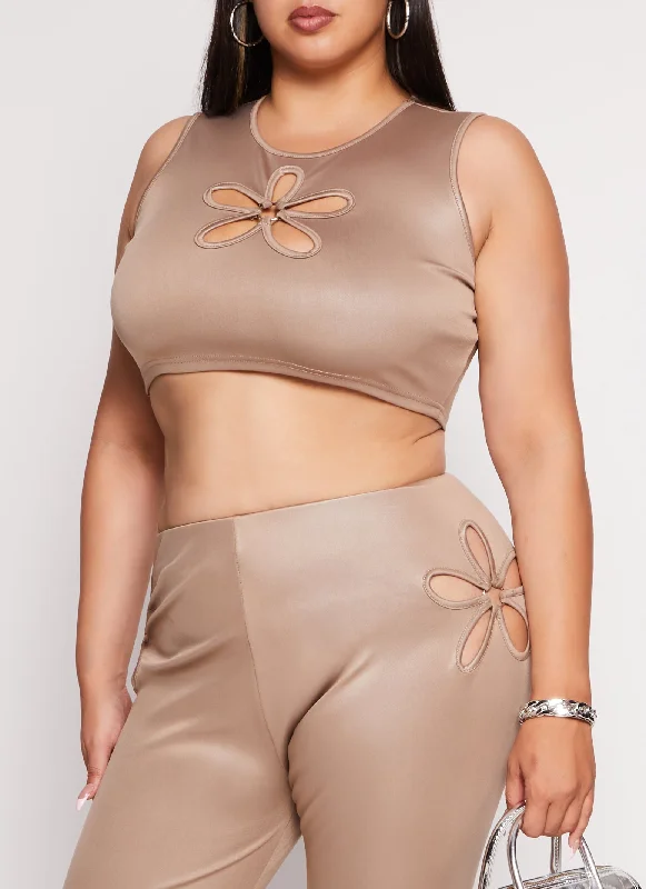 Plus Size O Ring Flower Cut Out Crop Top