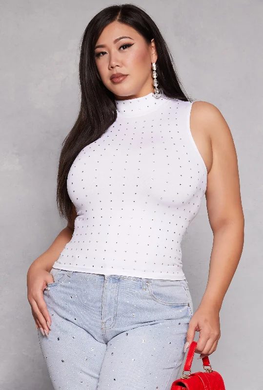 Plus Size Rhinestone Studded Mock Neck Top